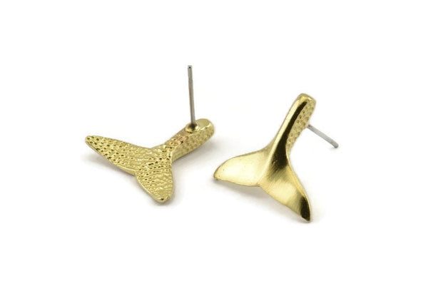Brass Fish Tail Earring, 6 Raw Brass Fish Tail Stud Earrings (18x16mm) N1077