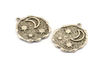 Silver Moon Charm, Antique Silver Plated Brass Moon And Sun Charms With 1 Loop (32x27mm) N1140