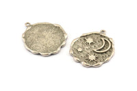 Silver Moon Charm, Antique Silver Plated Brass Moon And Sun Charms With 1 Loop (32x27mm) N1140