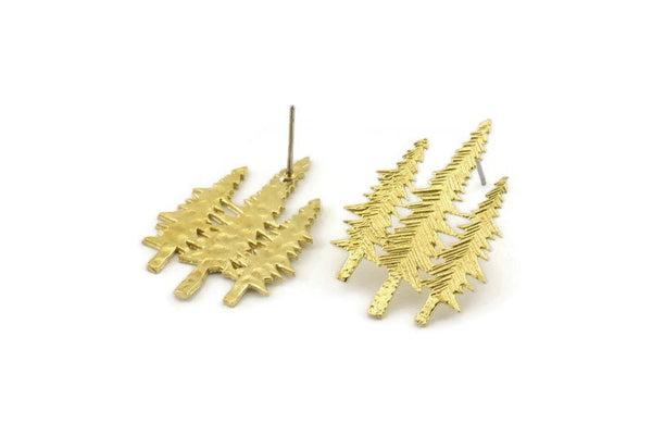 Brass Tree Earring, 4 Raw Brass Tree Stud Earrings (28x21x1mm) N1088