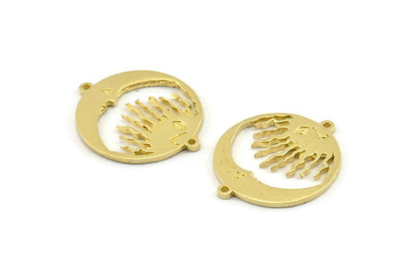 Moon and Sun, 4 Raw Brass, Brass Moon, Brass Sun, Brass Charm, Brass Pendant, Brass Connectors With 2 Loops (24x20x1.2mm) N1378