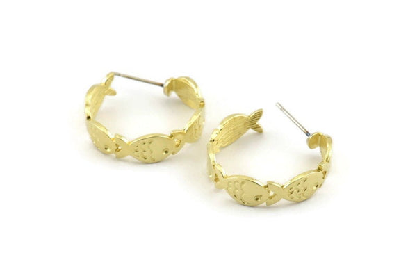 Brass Fish Earring, 2 Raw Brass Fish Stud Earrings (23mm) N1385