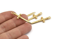 Knight&#39;s Sword Pendant, 3 Gold Plated Brass Sword Charms (36x10mm) N0248 Q0504