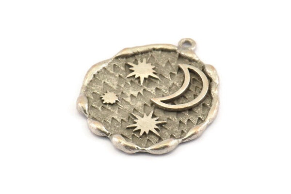 Silver Moon Charm, Antique Silver Plated Brass Moon And Sun Charms With 1 Loop (32x27mm) N1140