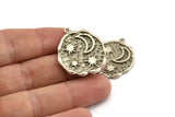 Silver Moon Charm, Antique Silver Plated Brass Moon And Sun Charms With 1 Loop (32x27mm) N1140