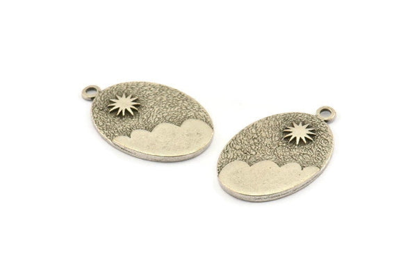 Silver Sun Charm, 2 Antique Silver Plated Brass Sun And Cloud Charms With 1 Loop, Earrings, Pendants (27x18x1.5mm) N1111