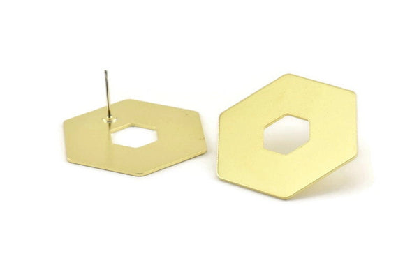 Brass Hexagon Earring, 6 Raw Brass Hexagon Stud Earrings (30x0.80mm) D0514--c018 A1697