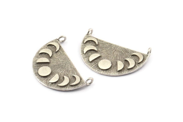Moon Phases Pendant, 2 Antique Silver Plated Brass Moon Phases Charms With 2 Loops, Findings (28x16x1mm) N1242