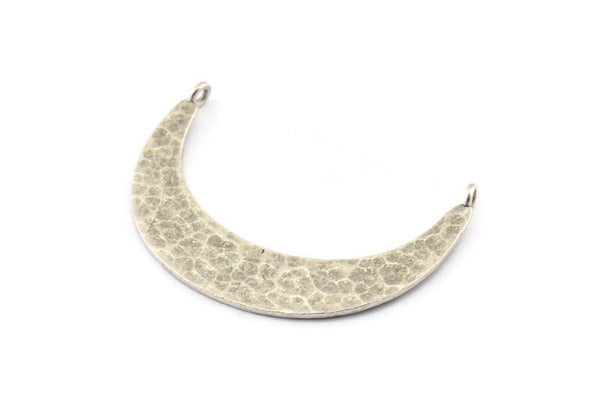Silver Moon Charm, 2 Hammered Antique Silver Plated Brass Crescent Moon Pendants With 2 Loops (41x9x1mm) U074