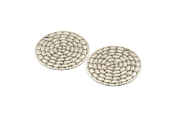 Silver Round Charm, 6 Textured Antique Silver Plated Brass Round Charms With 1 Hole (20mm) F047