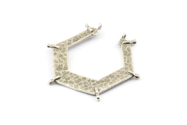 Silver Hexagon Pendant, 2 Hammered Antique Silver Plated Brass Hexagon Pendants With 6 Loops (44x40x7.5x1mm) U071