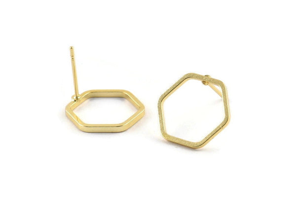 Gold Hexagon Earring, 6 Gold Plated Brass Hexagon Stud Earrings (14mm) BS 1222 A1123 Q1017