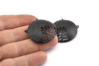Black Gong Pendant, 2 Textured Oxidized Black Brass Gong Charms With 2 Loops (33x6x1mm) U082