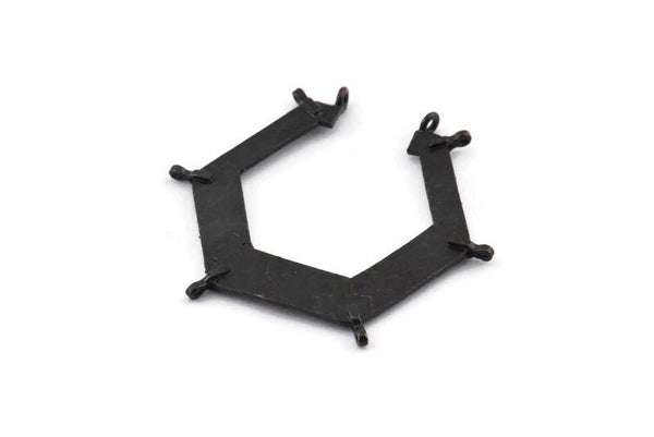 Black Hexagon Pendant, 2 Hammered Oxidized Black Brass Hexagon Pendants With 6 Loops (44x40x7.5x1mm) U071