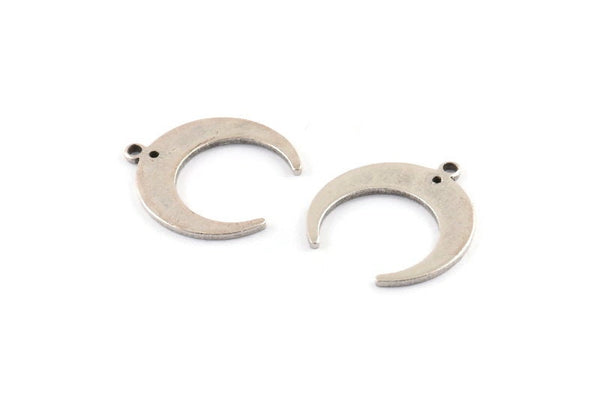 Silver Moon Charm, 12 Antique Silver Plated Brass Crescent Moon Charms With 1 Loop And 1 Hole (19x18x1mm) D0708