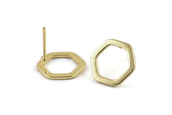 Gold Hexagon Earring, 4 Gold Plated Brass Hexagon Stud Earrings (14x2x1mm) D0082 A1151 Q1024