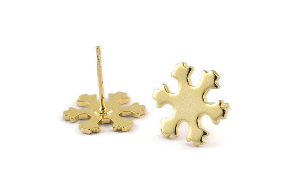 Gold Snowflake Earring, 4 Gold Plated Brass Snowflake Stud Earrings (14x1mm) D0600 A1163 Q0672