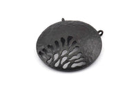 Black Gong Pendant, 2 Textured Oxidized Black Brass Gong Charms With 2 Loops (33x6x1mm) U082