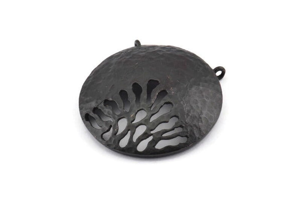 Black Gong Pendant, 2 Textured Oxidized Black Brass Gong Charms With 2 Loops (33x6x1mm) U082