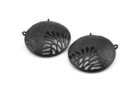 Black Gong Pendant, 2 Textured Oxidized Black Brass Gong Charms With 2 Loops (33x6x1mm) U082