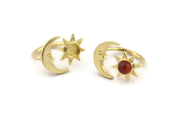 Brass Ring Settings, 10 Raw Brass Moon And Sun Ring With 1 Stone Setting - Pad Size 6mm N1498