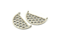Silver Honeycomb Pendant, 4 Antique Silver Plated Brass Semi Circle Honeycomb Pendants With 2 Loops (32x16x1mm) E662