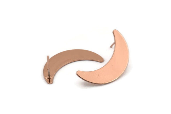 Rose Gold Moon Earring, 2 Rose Gold Plated Brass Crescent Moon Stud Earrings (28x8x0.65mm) D949 A1220 Q1018