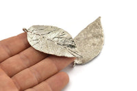 Gümüş Yaprak Charm, 1 Döngülü Gümüş Tonlu Pirinç Yaprak Charmlar (60x30x1,4 mm) E255