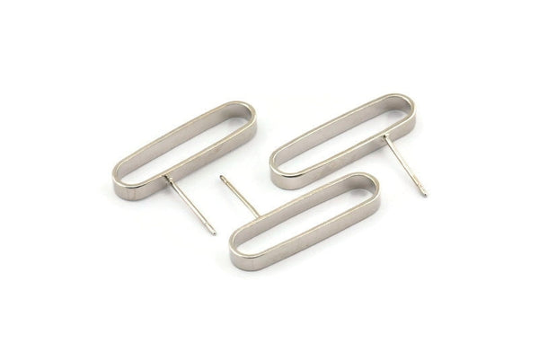 Silver Oval Earring, 4 Silver Tone Brass Oval Stud Earrings (25x3x7mm) D1561