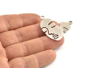 Brass Face Charm, 4 Antique Silver Plated Brass Face Charms With 1 Loop (33.5x17x1mm) E023