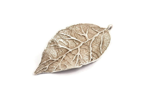 Silver Leaf Charm, Antique Silver Plated Brass Leaf Charms With 1 Loop (60x30x1.4mm) E255