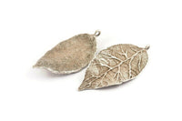 Silver Leaf Charm, Antique Silver Plated Brass Leaf Charms With 1 Loop (60x30x1.4mm) E255