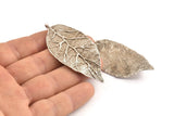 Silver Leaf Charm, Antique Silver Plated Brass Leaf Charms With 1 Loop (60x30x1.4mm) E255
