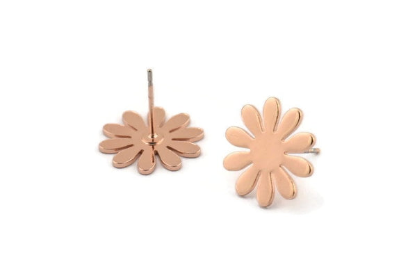 Rose Gold Flower Earring, 4 Rose Gold Plated Brass Flower Stud Earrings (15x0.80mm) A0964 A1328 Q1071