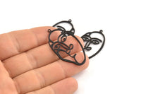 Black Face Charm, 4 Oxidized Black Brass Face Charms With 1 Loop (40x22x1mm) D0626