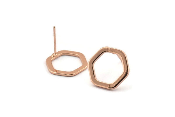 Rose Gold Hexagon Earring, 4 Rose Gold Plated Brass Hexagon Stud Earrings (14x2x1mm) D0082 A1151 Q1024
