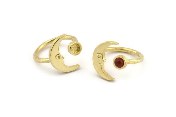 Brass Ring Settings, 10 Raw Brass Moon And Planet Ring With 1 Stone Setting - Pad Size 4mm N1496