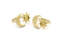 Brass Ring Settings, 2 Raw Brass Moon And Sun Ring With 1 Stone Setting - Pad Size 6mm N1498