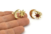 Brass Ring Settings, 2 Raw Brass Moon And Sun Ring With 1 Stone Setting - Pad Size 6mm N1498
