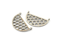 Silver Honeycomb Pendant, 4 Antique Silver Plated Brass Semi Circle Honeycomb Pendants With 2 Loops (32x16x1mm) E662