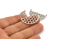 Silver Honeycomb Pendant, 4 Antique Silver Plated Brass Semi Circle Honeycomb Pendants With 2 Loops (32x16x1mm) E662