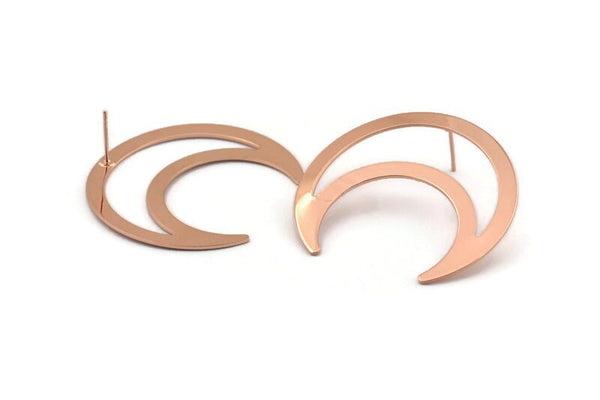 Rose Gold Moon Earring, 2 Rose Gold Plated Brass Crescent Moon Stud Earrings (42x16x0.80mm) M175 A1633