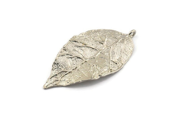 Gümüş Yaprak Charm, 1 Döngülü Gümüş Tonlu Pirinç Yaprak Charmlar (60x30x1,4 mm) E255