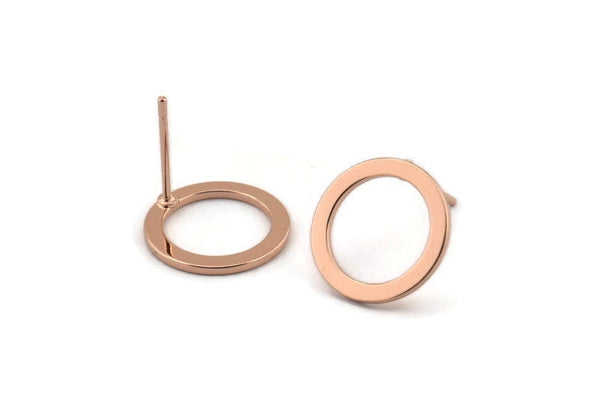 Rose Gold Circle Earring, 4 Rose Gold Plated Brass Circle Stud Earrings (14x0.90mm) D1581 A1382 Q1033