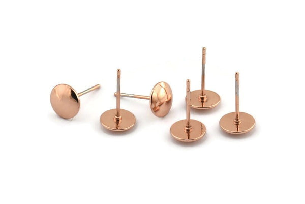 Rose Gold Round Earring, 6 Rose Gold Plated Brass Round Stud Earrings (8mm) D1463