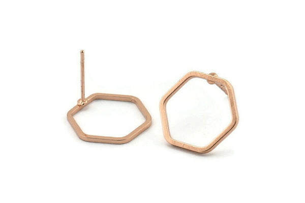 Rose Gold Hexagon Earring, 6 Rose Gold Plated Brass Hexagon Stud Earrings (14mm) BS 1222 A1123 Q1017