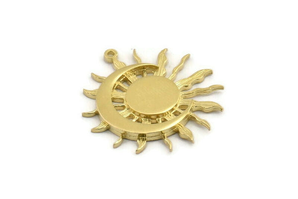 Moon and Sun, 2 Raw Brass, Crescent Moon, Brass Sun, Charm Pendant, Brass Pendant, Brass Charm With 1 Loop (32x29mm) N1520