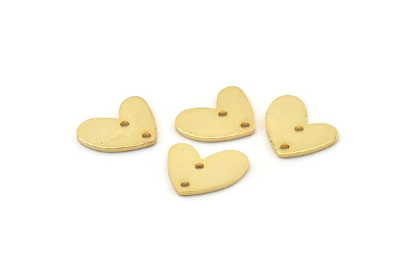 Gold Heart Charm, 6 Gold Plated Brass Heart Charms With 2 Holes (14x11x1mm) M858