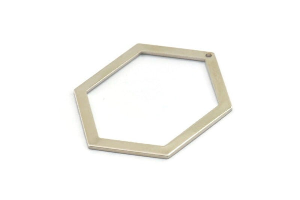 Silver Hexagon Charm, 4 Silver Tone Brass Hexagon Charms With 1 Hole, Pendants, Findings (39x30x1mm) E076 H1203