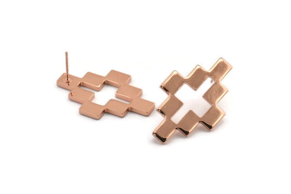 Rose Gold Puzzle Earring, 2 Rose Gold Plated Brass Stud Earrings (35x22x2mm) D981 A1255 Q1016